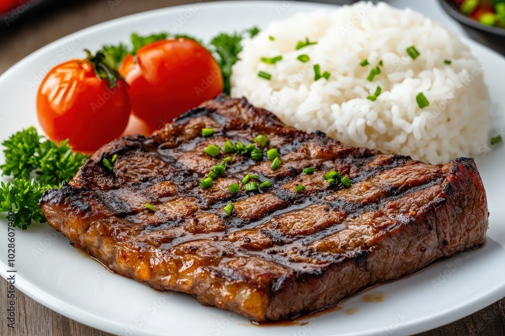 Top Sirloin Steak on White Plate. Grilled Meat served with Rice Top Sirloin Steak on White Plate. Grilled Meat served with Rice
