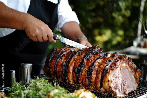 Hog Roast: Chef Carving Pork Joint with Fork and Knife at BBQ Carvery photo