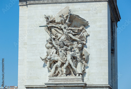 Winged victory holding sword and shield bas relief arc de triomphe paris france
