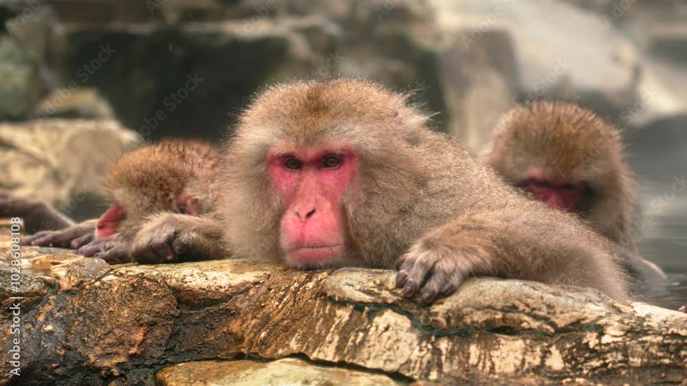 Japanese snow monkeys (Macaque) relaxing on a rocky riverside and the water behind them