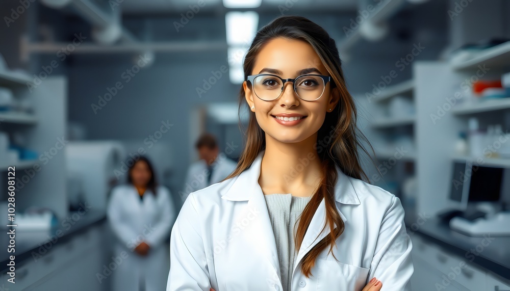 The picture shows a beautiful young woman wearing a white coat and glasses in a modern Medical Science Laboratory with a team of specialists in the background The picture shows a beautiful young woman wearing a white coat and glasses in a modern Medical Science Laboratory with a team of specialists in the background