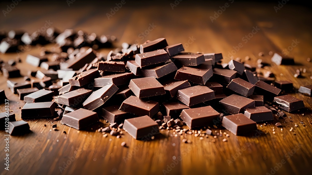 Obraz premium A close-up shot of dark chocolate pieces on a wooden surface, with some pieces broken into smaller bits.