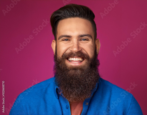 Headshot Portrait of a Smiling Man with Contemporary Style, Isolated on Color Background with Ample Copy Space