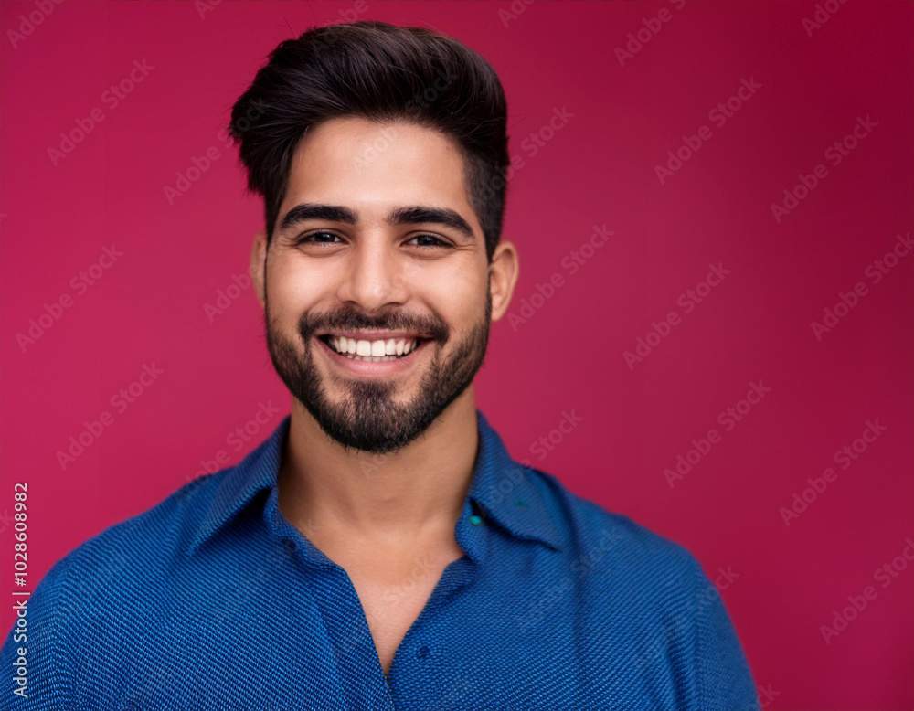 Fototapeta premium Headshot Portrait of a Smiling Man with Contemporary Style, Isolated on Color Background with Ample Copy Space