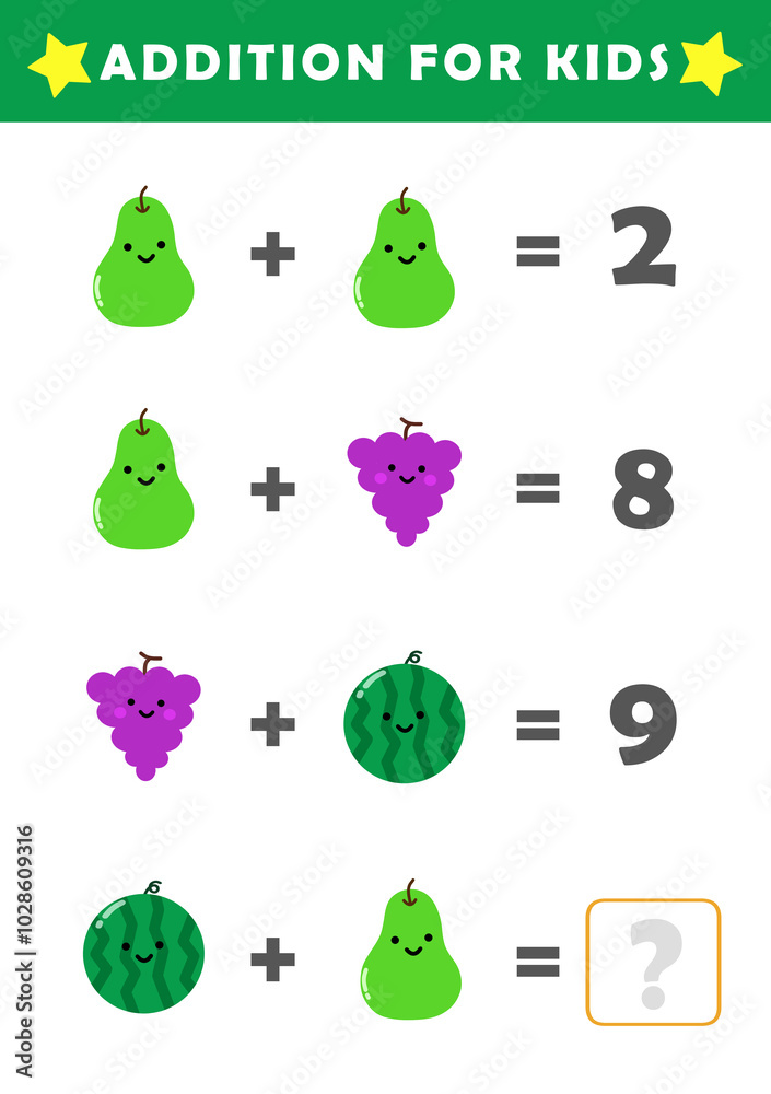 Fototapeta premium Fun Math Logic Puzzles for Kids. Math Game with Cute Fruits Pictures. Math Activities for Children. Addition for Kids.