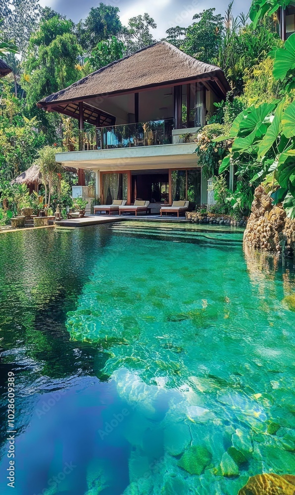 Obraz premium Tropical house with pool and lush greenery.