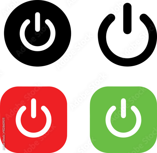 Icon set of power on  power off shutdown buttons. Isolated on white or transparent background, flat vector illustrations, simple design.	