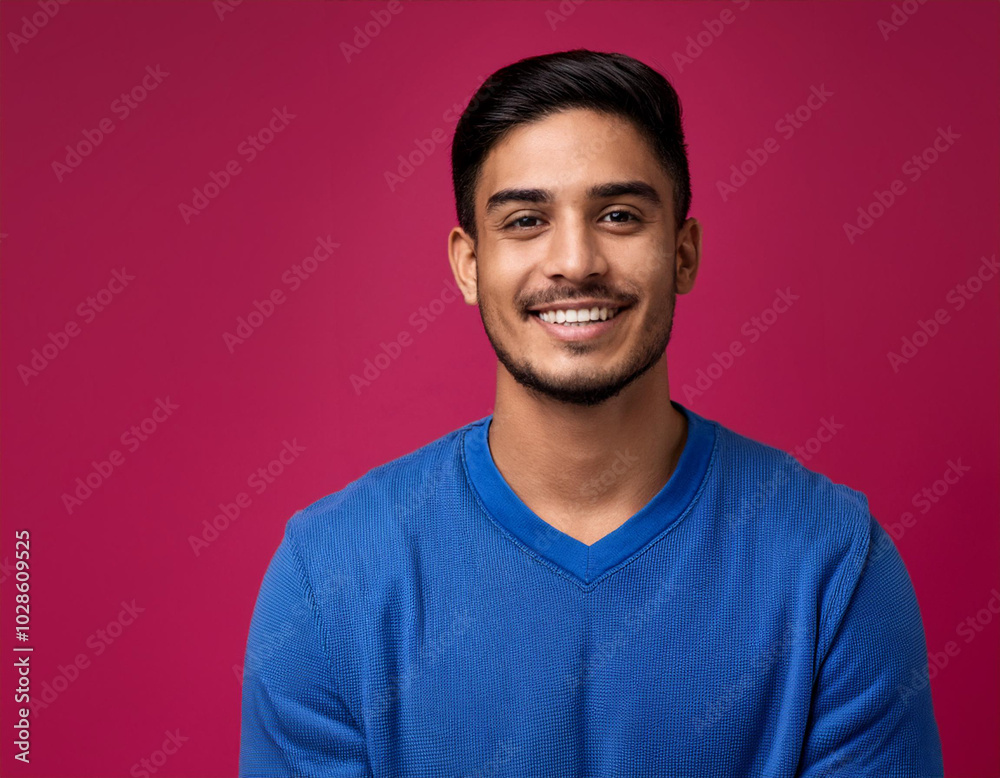 Headshot Portrait of a Smiling Man with Contemporary Style, Isolated on Color Background with Ample Copy Space Headshot Portrait of a Smiling Man with Contemporary Style, Isolated on Color Background with Ample Copy Space