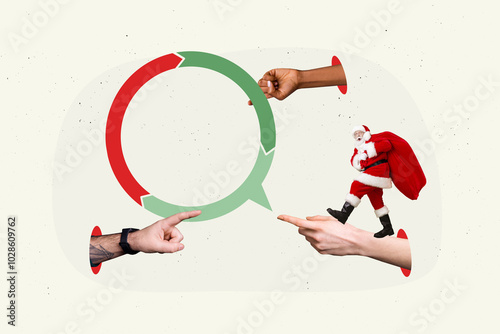 Trend artwork sketch collage of winter new year merry christmas diagram work finger point arrow trader business target aged man santa walk photo