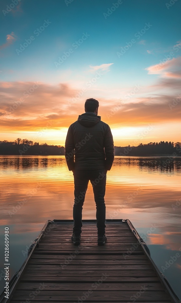 Fototapeta premium Man stands on wooden dock by lake at sunset.
