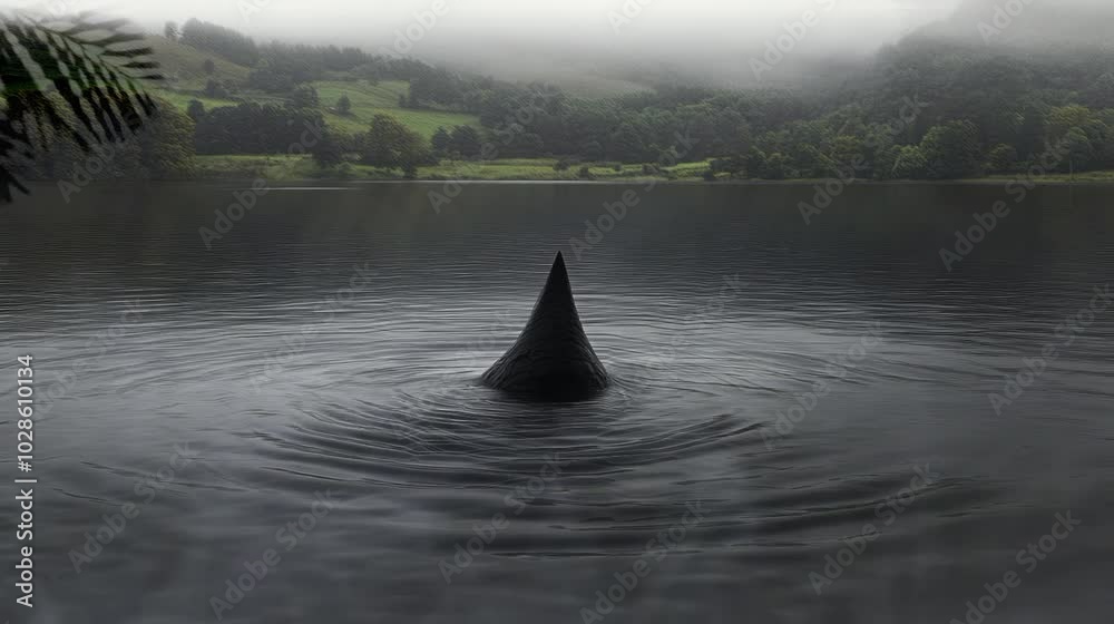 Dark, pointy object in calm lake water; surrounded by misty hills and trees.