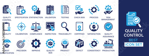 Quality Control best solid icon set collection. Satisfaction, validation, testing, check box, process, risk management, quality, calibration and vector illustration.