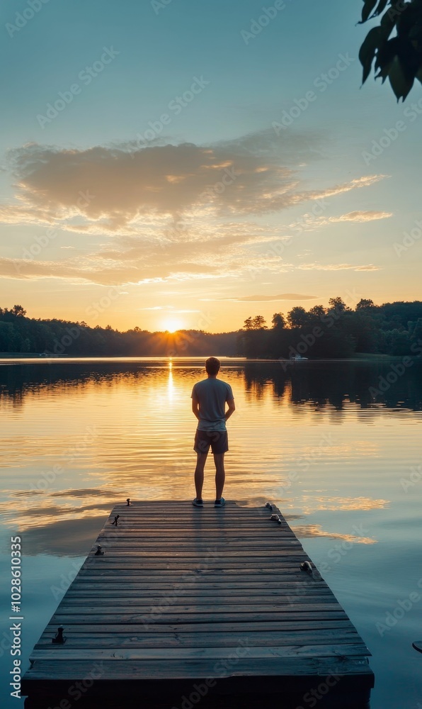 Man standing on dock at sunset. Man standing on dock at sunset.