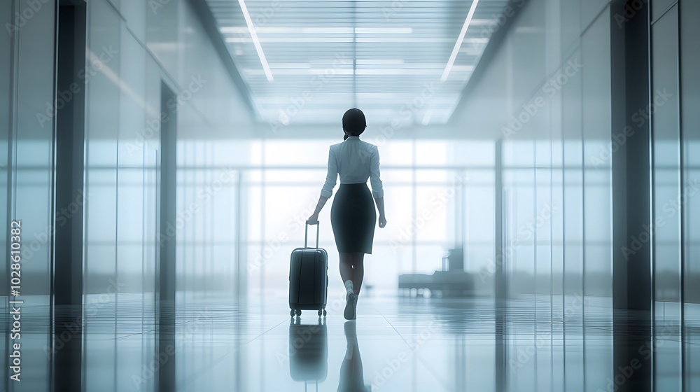 Fototapeta premium Flight attendant in a classic, professional uniform, pulling a modern, ergonomic suitcase, through a minimalist airport terminal with clean lines and contemporary design, soft, diffused lighting,
