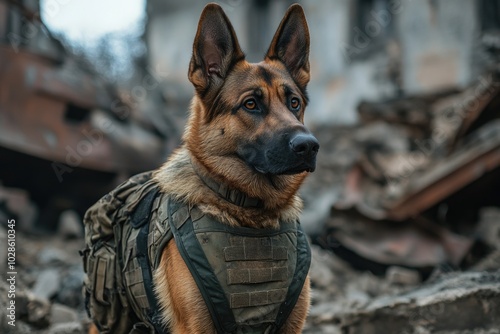 brave German shepherd military working dog wearing a uniform and body armor, searching for injured people among ruins after a disaster such as a war or earthquake photo