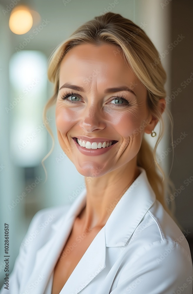 Doctor in white coat smiling near window. Doctor in white coat smiling near window.