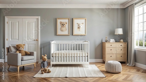 Nursery room with crib, teddy bear, blanket, dresser, and picture frame on wall