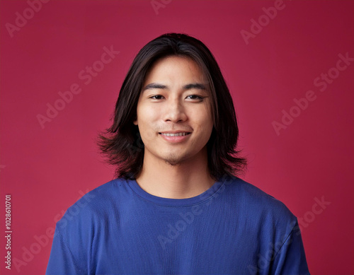 Headshot Portrait of a Smiling Man with Contemporary Style, Isolated on Color Background with Ample Copy Space