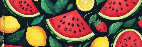 Wallpaper Mural Vibrant fruit pattern featuring watermelon slices, lemons, strawberries, perfect for summer-themed designs or playful decor. Torontodigital.ca