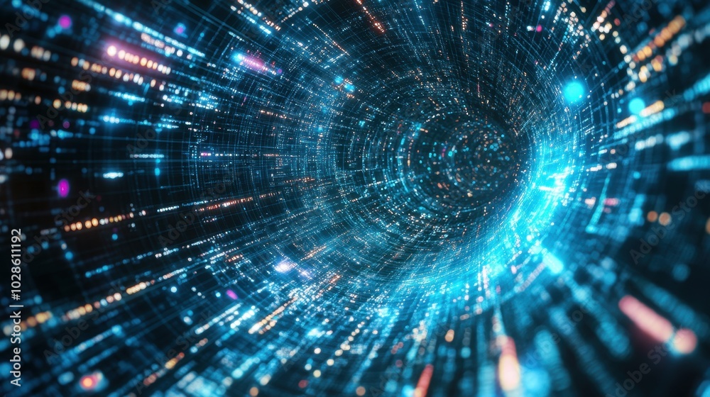 A visually striking digital vortex of screens and data flows, creating an immersive, futuristic world filled with blue and purple hues.