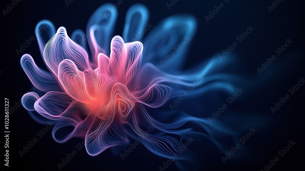 Abstract digital art featuring fluid neon lines in shades of pink, blue, and orange creating an organic and flowing shape on a dark background. Abstract digital art featuring fluid neon lines in shades of pink, blue, and orange creating an organic and flowing shape on a dark background.