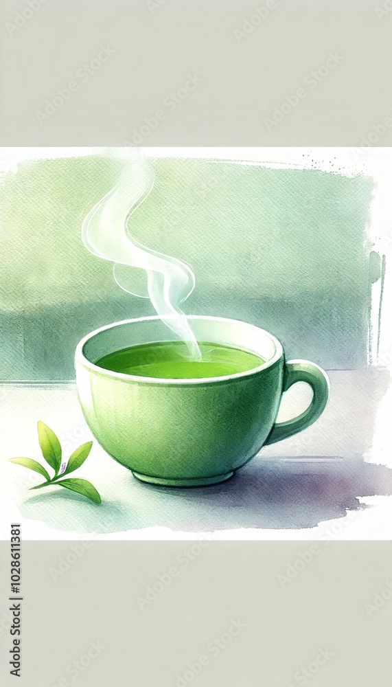 Obraz premium A steaming cup of green tea with a small tea leaf beside it on the table. Generated AI.