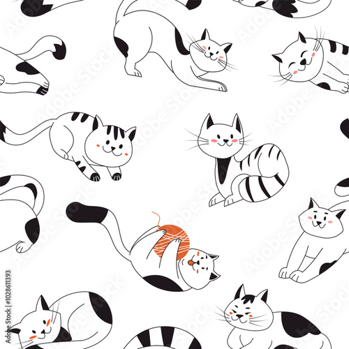 Seamless Pattern with funny cute cats in different poses. Vector illustration on white background with pets animals in line art