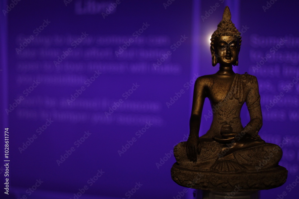 Earth Touching Buddha Statue with colorful backdrop with copy space, Bhumisparsha Buddha, Buddha in a seated meditation pose with his right hand touching the earth. Earth Touching Buddha Statue with colorful backdrop with copy space, Bhumisparsha Buddha, Buddha in a seated meditation pose with his right hand touching the earth.