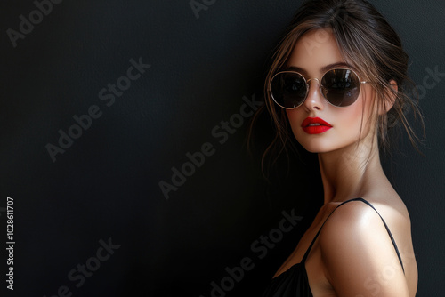 Bold and glamorous, a woman in sunglasses and red lipstick stands against a dark background. The image conveys luxury and style, ideal for banners, fashion ads, or templates