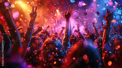 Festive party in a nightclub with bright colorful shades.