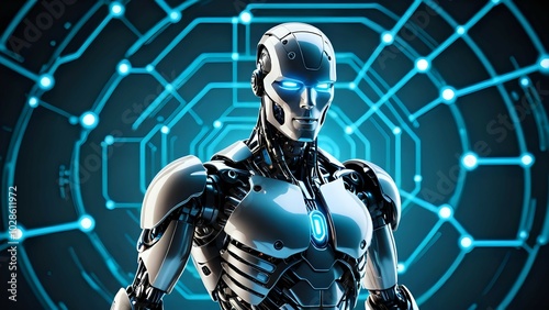 A futuristic robot with glowing blue eyes and a metallic body stands against a background of blue glowing lines.