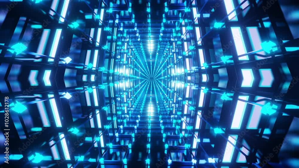 3d animated VJ loop background of futuristic infinity tunnel with blue and white neon lights