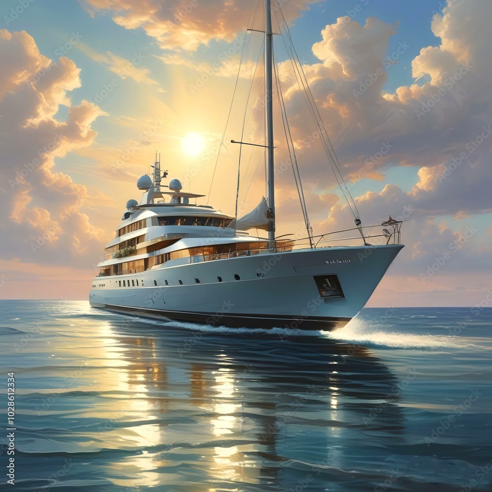 Modern yaht on open sea with sunrise behind. Modern yaht on open sea with sunrise behind.