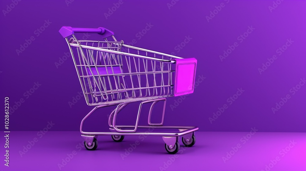 A shopping cart on a bright purple background, ideal for ecommerce and consumer-driven visuals A shopping cart on a bright purple background, ideal for ecommerce and consumer-driven visuals