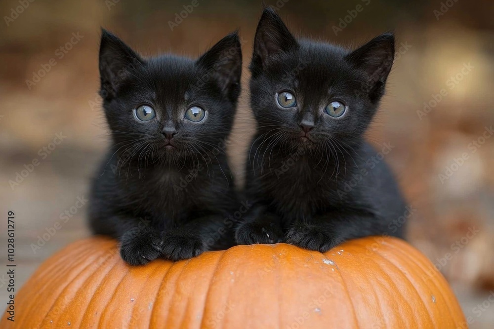 Two fluffy black kittens sitting on a glowing pumpkin perfect for a spooky Halloween scene Two fluffy black kittens sitting on a glowing pumpkin perfect for a spooky Halloween scene