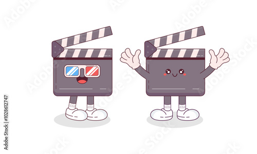 Set of Cute Toon Retro Groovy Movie and Cinema Mascot Cartoon Character Illustration.