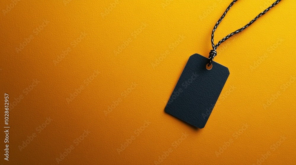 Fototapeta premium Black price tag on vivid orange background, highlighting the contrast between textures in a minimalist retail setting
