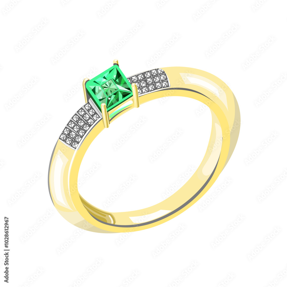 The ring is gold with emeralds and diamonds, isolated on a white background.Vector illustration of a piece of jewelry. The ring is gold with emeralds and diamonds, isolated on a white background.Vector illustration of a piece of jewelry.