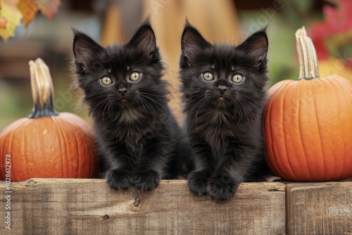 Two fluffy black kittens on top of a pumpkin, set against Halloween night. The playful kittens symbolize the spooky yet charming side 