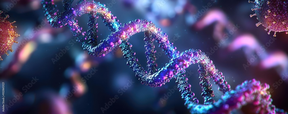 Colorful DNA double helix structure on a dark background, digital art. Colorful DNA double helix structure on a dark background, digital art.
