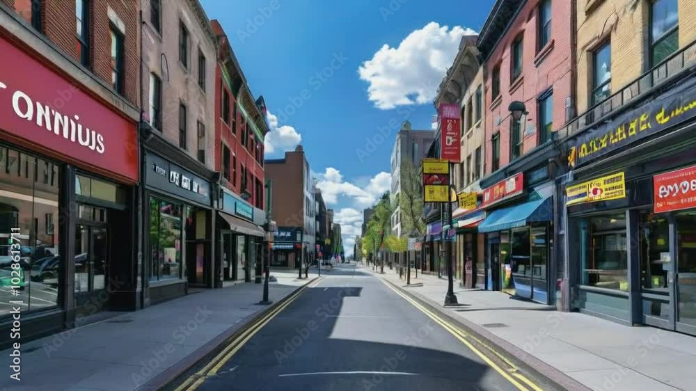 A vibrant street scene with shops and clear blue skies, showcasing urban life. A vibrant street scene with shops and clear blue skies, showcasing urban life.
