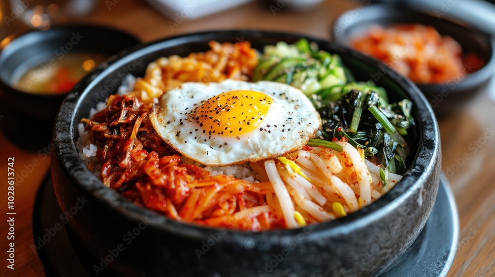 Stone Bowl Bibimbap with Fried Egg and Various Toppings Stone Bowl Bibimbap with Fried Egg and Various Toppings