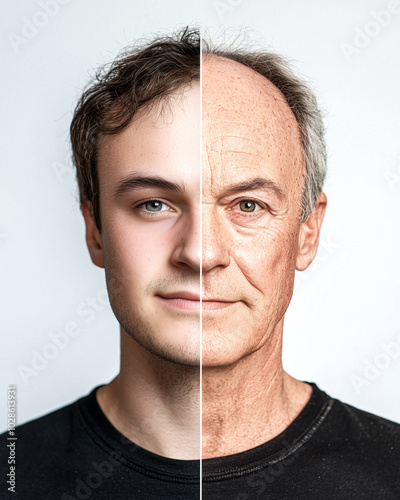 Split Face: Young Man with Clear Skin vs. Aged Man with Textured Skin. photo