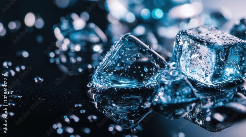Close-up macro shot of ice cubes melting on a reflective surface, with water droplets capturing the cool and refreshing atmosphere