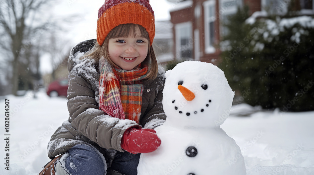 Happy Child Building Snowman in Winter Scene Happy Child Building Snowman in Winter Scene