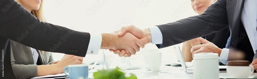Businesspeople shaking hands in a meeting with a focus on handshakes, business attire, and office setting, featuring coffee and stationery during a workday break. Businesspeople shaking hands in a meeting with a focus on handshakes, business attire, and office setting, featuring coffee and stationery during a workday break.