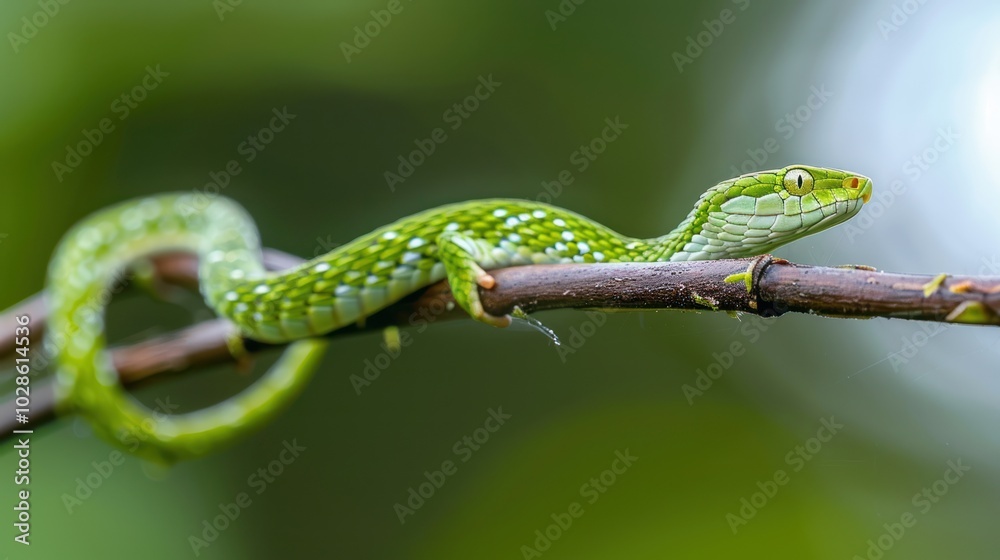 A Green Pit Viper Snake Coiled Around a Branch A Green Pit Viper Snake Coiled Around a Branch