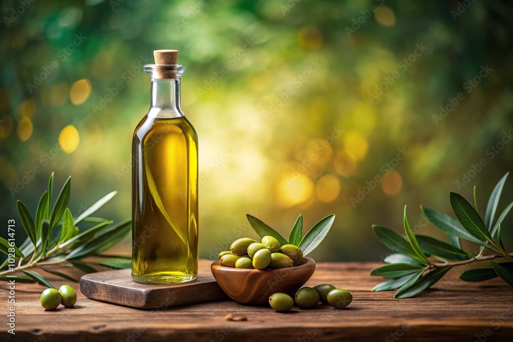Olive oil bottle mockup on soft background with an asymmetrical layout Olive oil bottle mockup on soft background with an asymmetrical layout