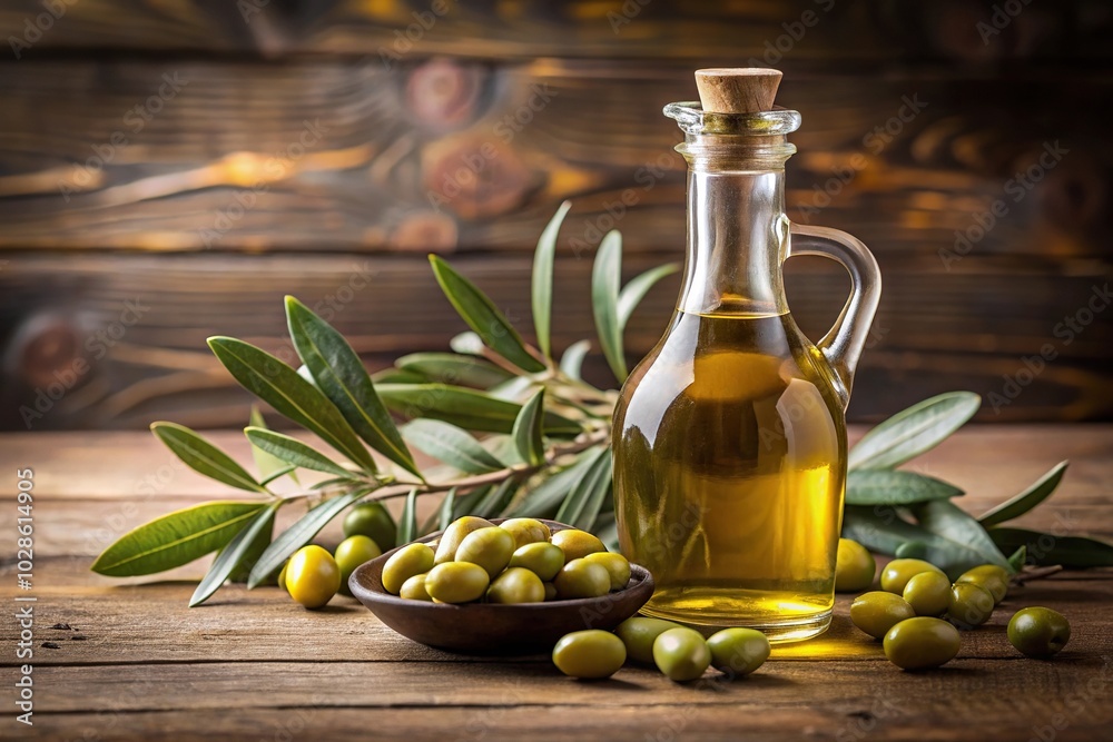 Olive oil bottle with olives and twig from below