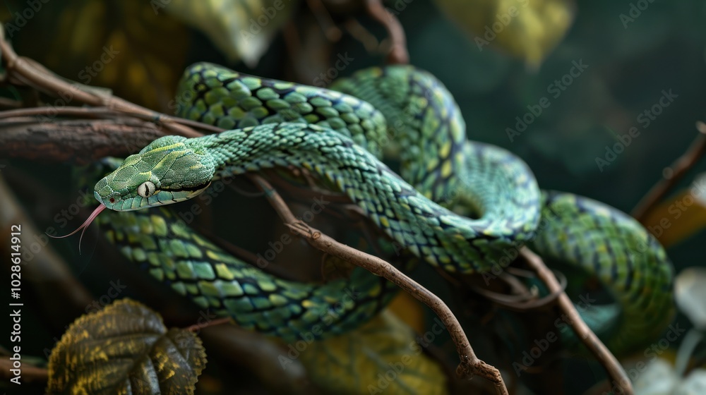 Fototapeta premium Green Tree Viper with Forked Tongue on Branch